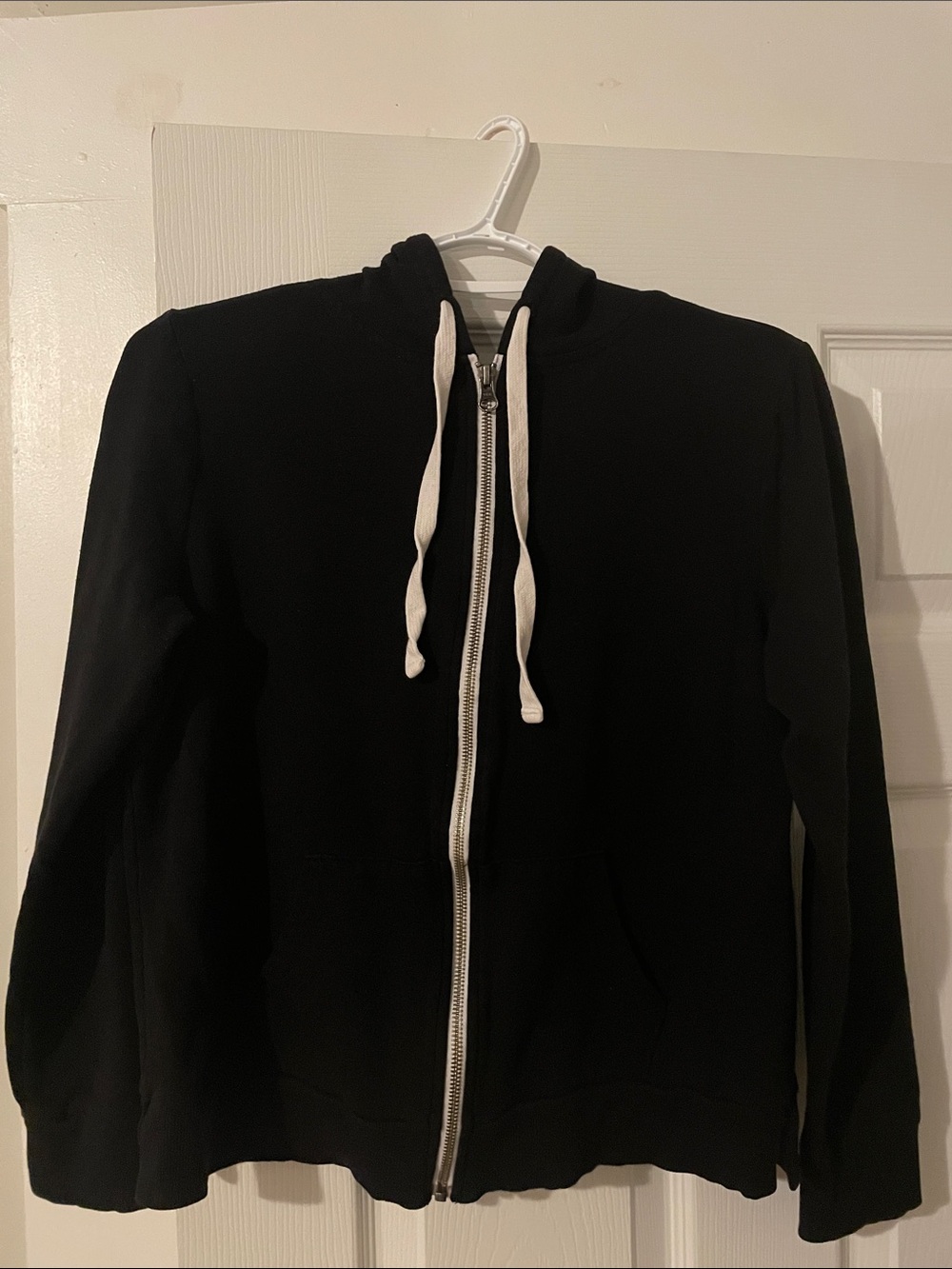 Black Zip-Up Hoodie with White Drawstrings